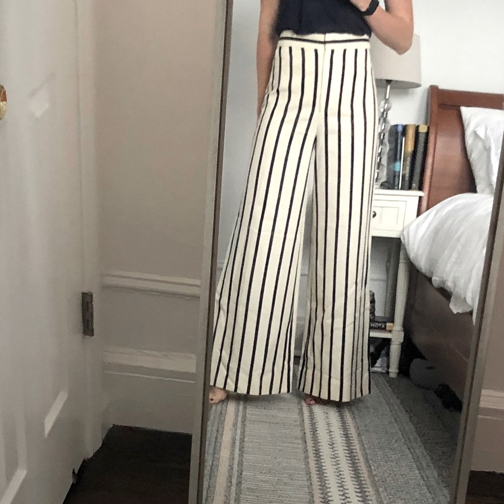 VERONICA BEARD NAVY&CREAM WIDE-LEG HIGH RISE PANT